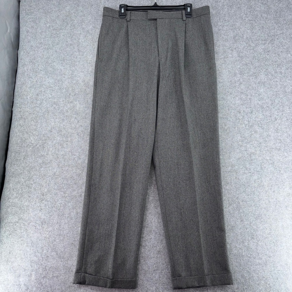 Eddie Bauer Mens Grey Herringbone 100% Wool Pleated Cuffed Dress Pants 36x32